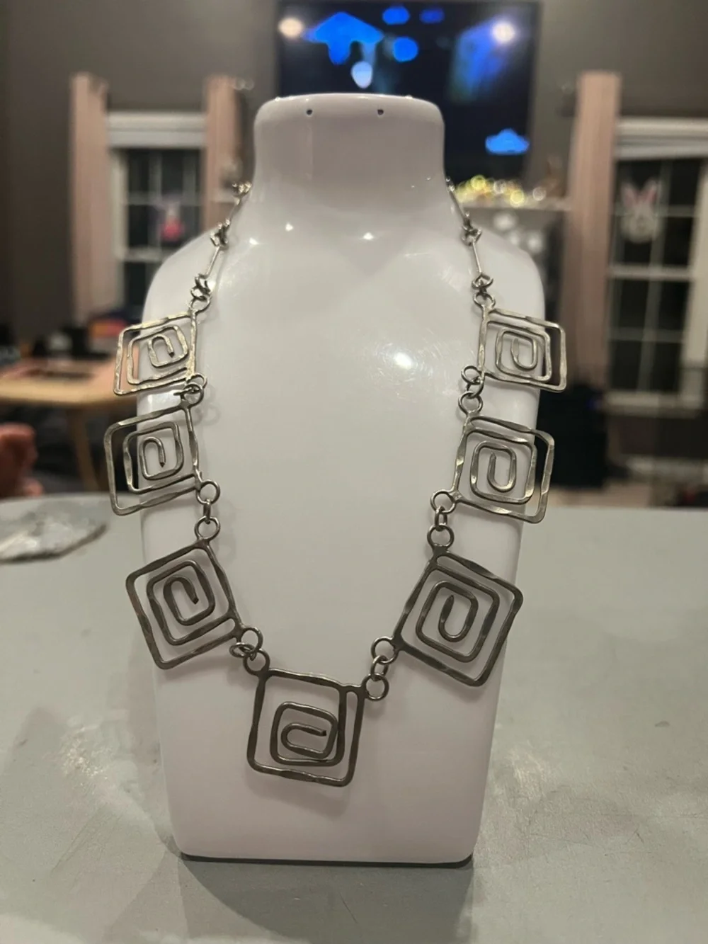Boho Chunky Bib Necklace – Antique Silver Rectangle Spiral Design